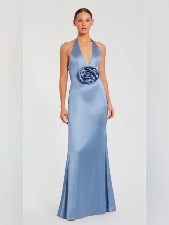 Mac Duggal Dresses & Skirts - Mac Duggal 49913 sz 12 Satin Halter Gown with Rosette Detail - Blue